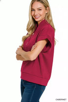 Zenana Cabernet Scuba High Neck Half Zip Top