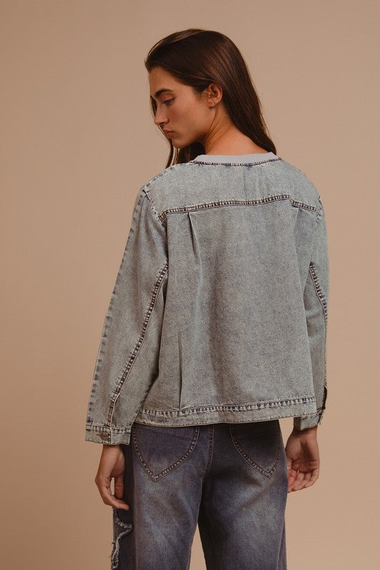 BiBi Mineral Washed Checkered Round Neck Denim Top – Ruby