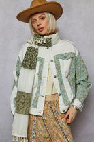 POL Off White Button Down Patchwork Denim Jacket with Floral Print Details OFF WHITE
