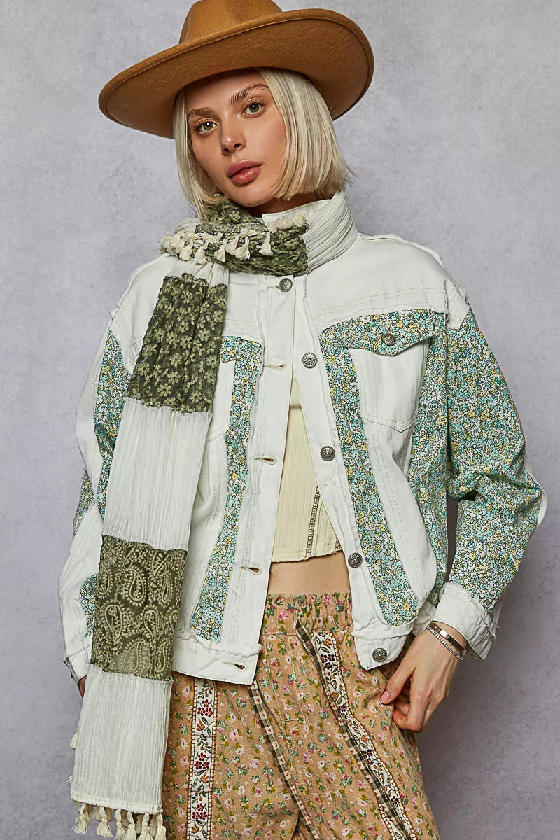 POL Off White Button Down Patchwork Denim Jacket with Floral Print Details OFF WHITE