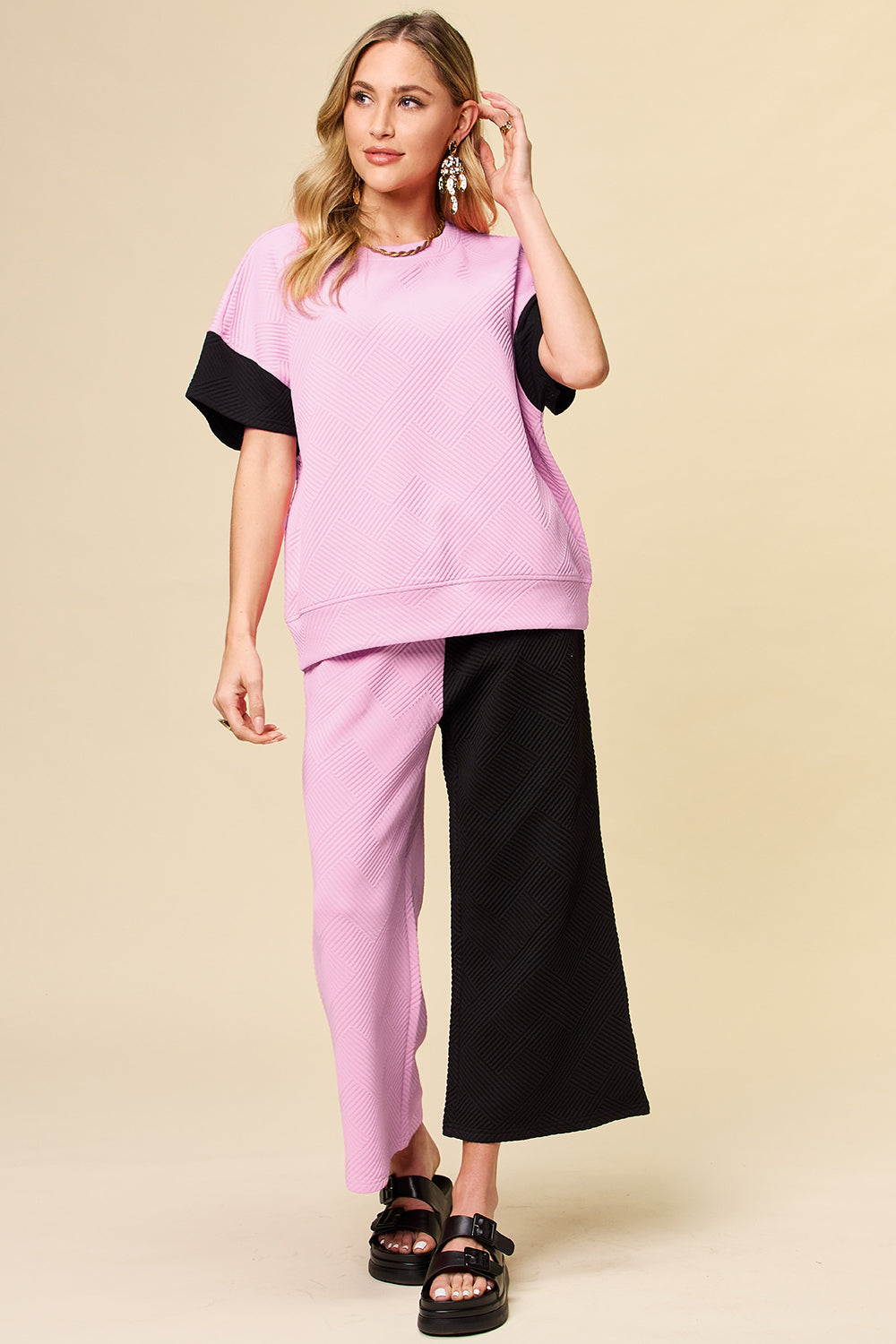 Double Take: 4 Colors: Quilted Textured Contrast Top and Wide Leg Pants Set Pink Loungewear Set