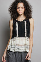 POL Black V-Neck Crochet Sweater Vest with Lace Trim BLACK
