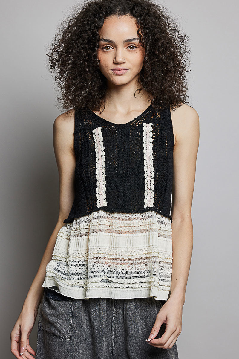 POL Black V-Neck Crochet Sweater Vest with Lace Trim BLACK