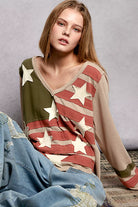 POL Double Gauze American Flag Patch V-Neck Long Sleeve T-Shirt