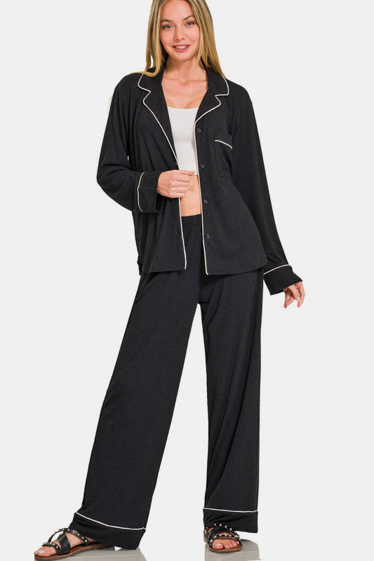 Zenana Black Button Down Long Sleeve Top and Pants Lounge Set Black