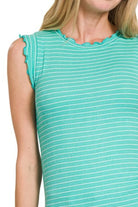 Zenana Mint & White Ribbed Ruffle Trim Sleeveless Stripe Top