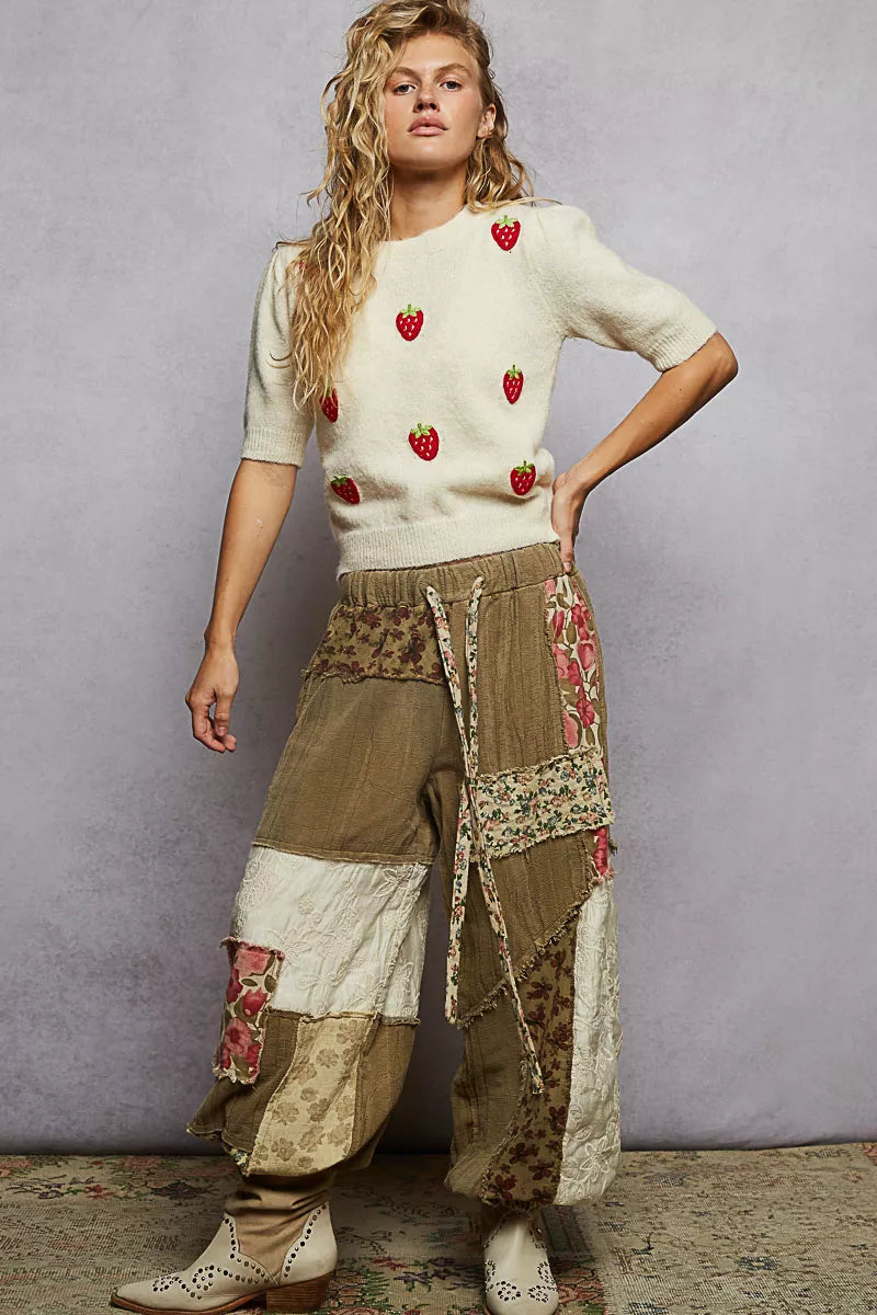 POL Cream Round Neck Strawberry Patch Sweater with Shirring Shoulder