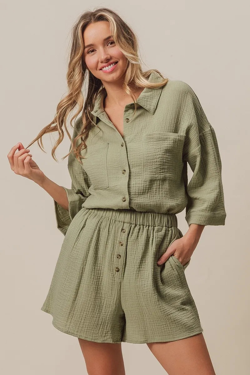 BiBi Sage Crinkle Gauze Shirt and Short Set