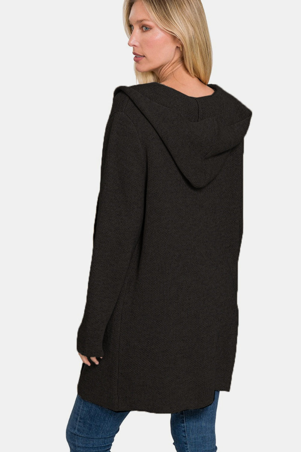 Zenana Black Hooded Open Front Sweater Cardigan Cardigan