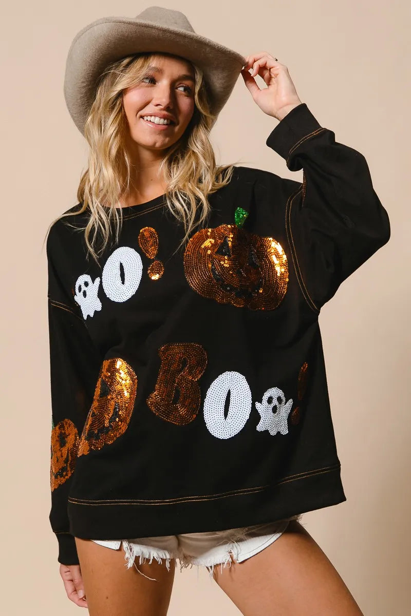 BiBi Black Halloween Theme Sequin Embroideries Sweatshirt BLACK