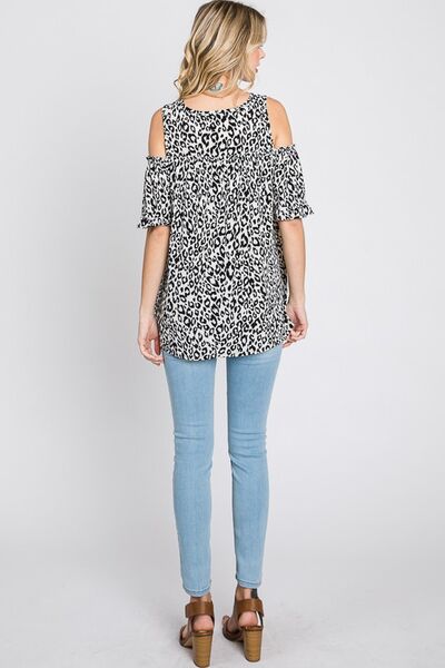 Heimish Leopard Round Neck Cold Shoulder Ruffle Sleeve Blouse