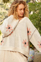 POL Ivory V-Neck Floral Pattern Chenille Sweater Trendsi