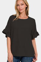 Zenana Black V-Neck Flutter Sleeve Airflow Top Trendsi