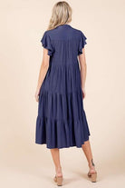 Mittoshop Dark Navy Ruffle Sleeve Collared V Neck Tiered Midi Dress