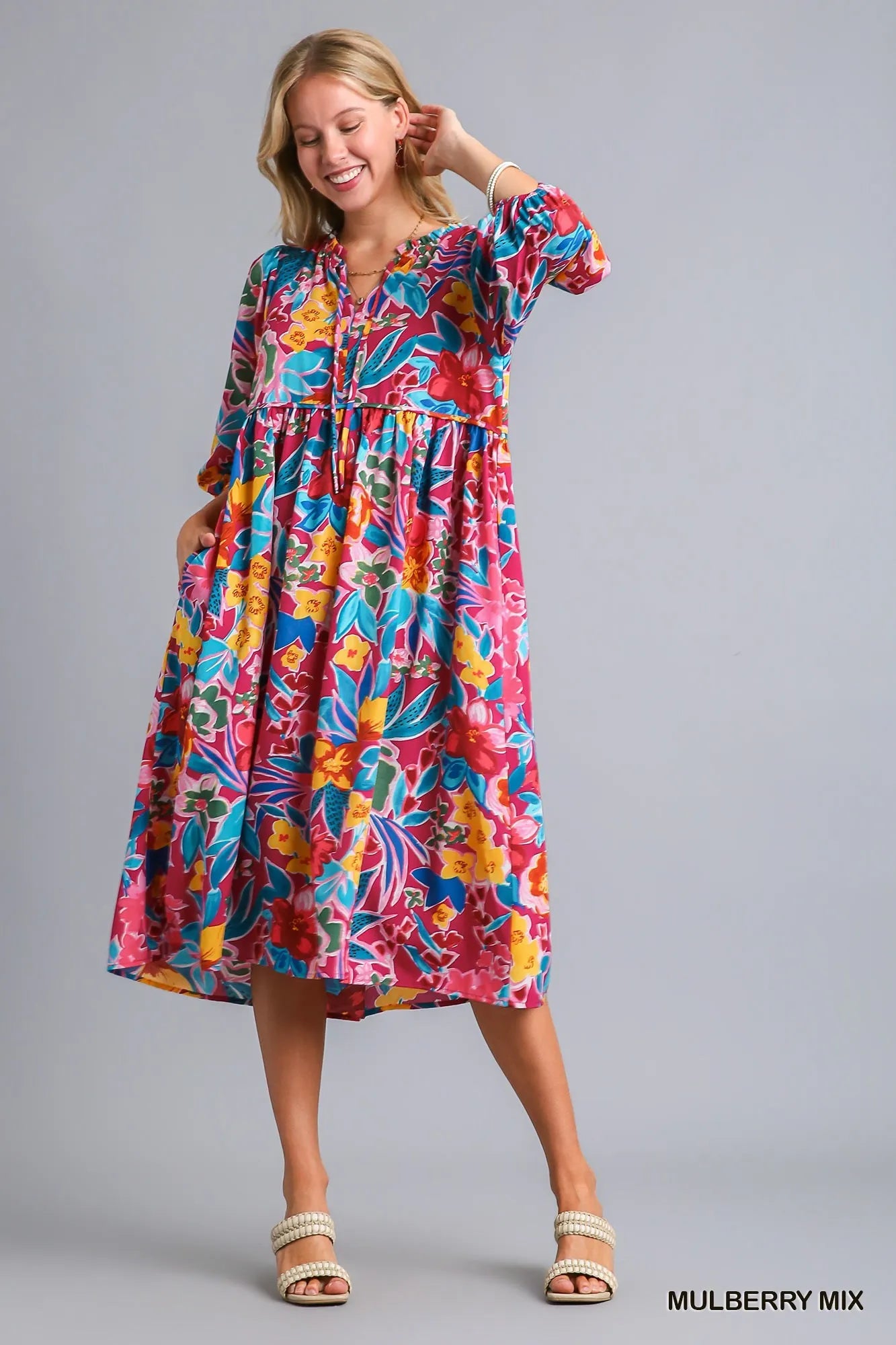 Umgee Mulberry Mix Floral Print Tie Neck Midi Dress with Pockets