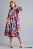 Umgee Mulberry Mix Floral Print Tie Neck Midi Dress with Pockets