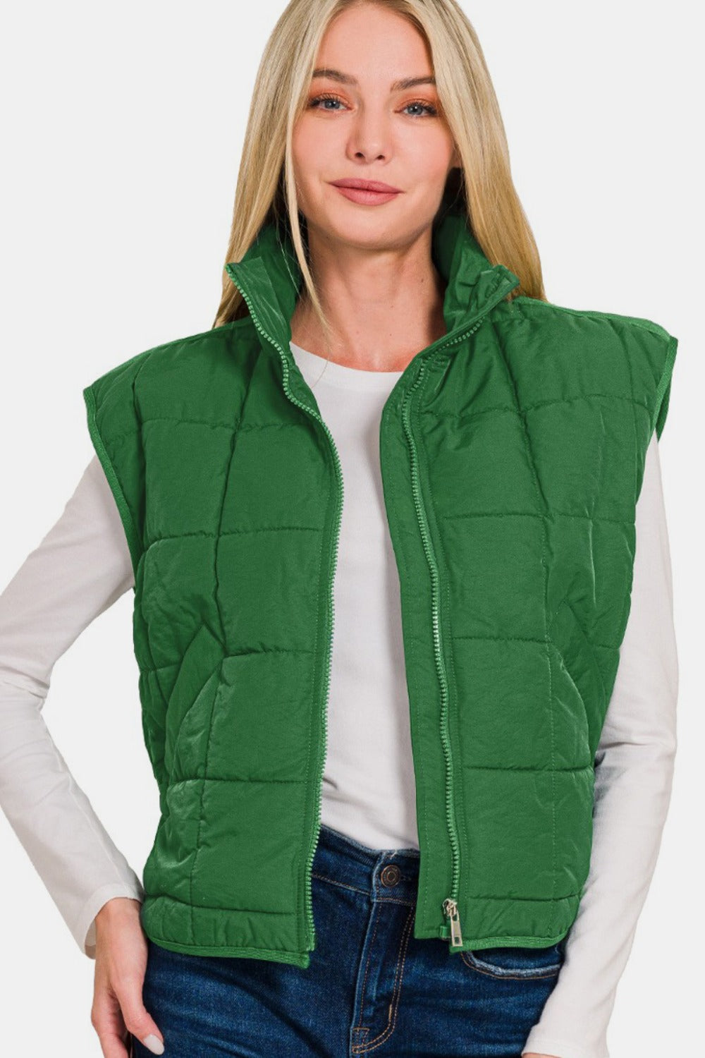 Zenana Dark Green Zip Up Cropped Puffer Vest with Pockets Trendsi