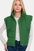 Zenana Dark Green Zip Up Cropped Puffer Vest with Pockets Trendsi