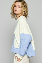 POL Cream Multi Color Block Waffle Knit Raw Hem Sweatshirt