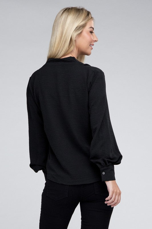 Zenana Woven Airflow V-Neck Long Sleeve Top Shirts & Tops