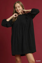 Umgee Black Linen Ruffle Shoulder Pleated Babydoll Dress Black