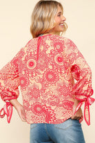 Haptics Peach & Coral Ribbon Bow Detail Floral Round Neck Bubble Sleeve Blouse Shirts & Tops