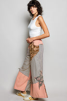 POL Peach Multi Striped Floral Patchwork Wide leg Pants with Side Big Star Patch