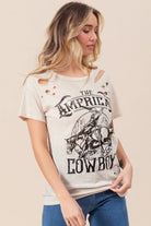 BiBi Taupe Cotton Slub Laser Top American Cow Boy Graphic
