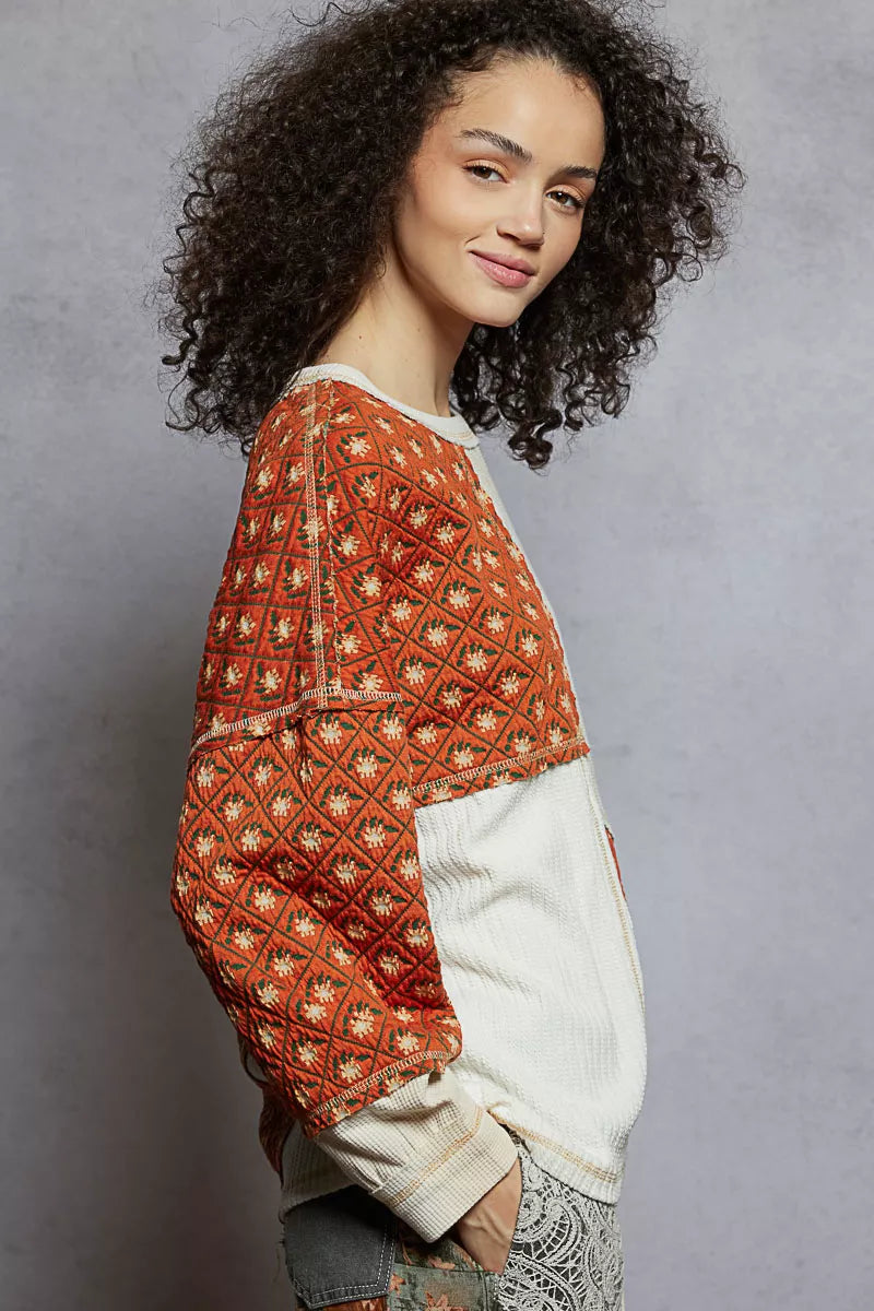 POL Cream Multi Contrast Patchwork Round Neck Long Sleeve Top
