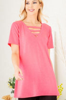 Heimish Hot Pink V-Neck Short Sleeve Top with Bar Detail