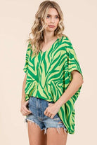 Mittoshop Green Zebra Print V-Neck Short Sleeve Oversized Top