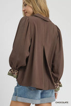 Umgee Chocolate Half Button Blouse with Leopard Print Trim