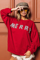 BiBi Red Merry Glitter Christmas Drop Shoulder Top