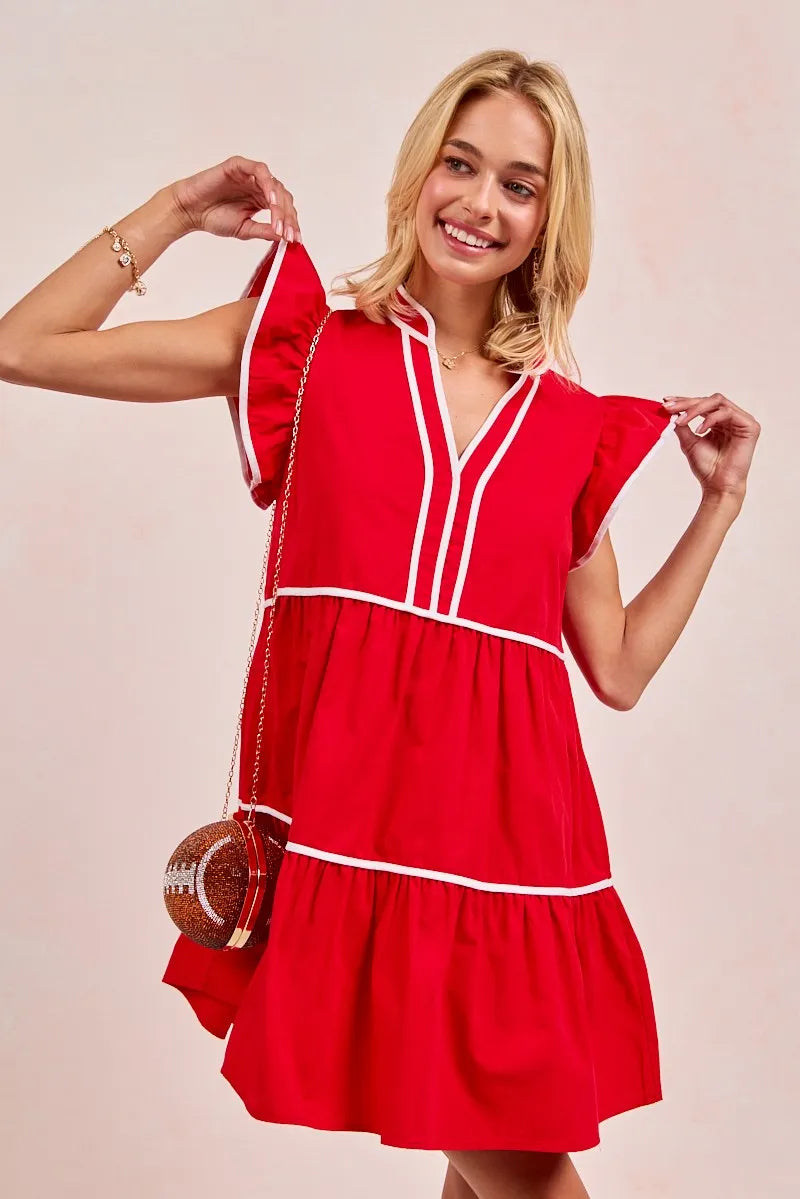 BiBi Red Game Day Theme Contrast Binding Ruffled Dress