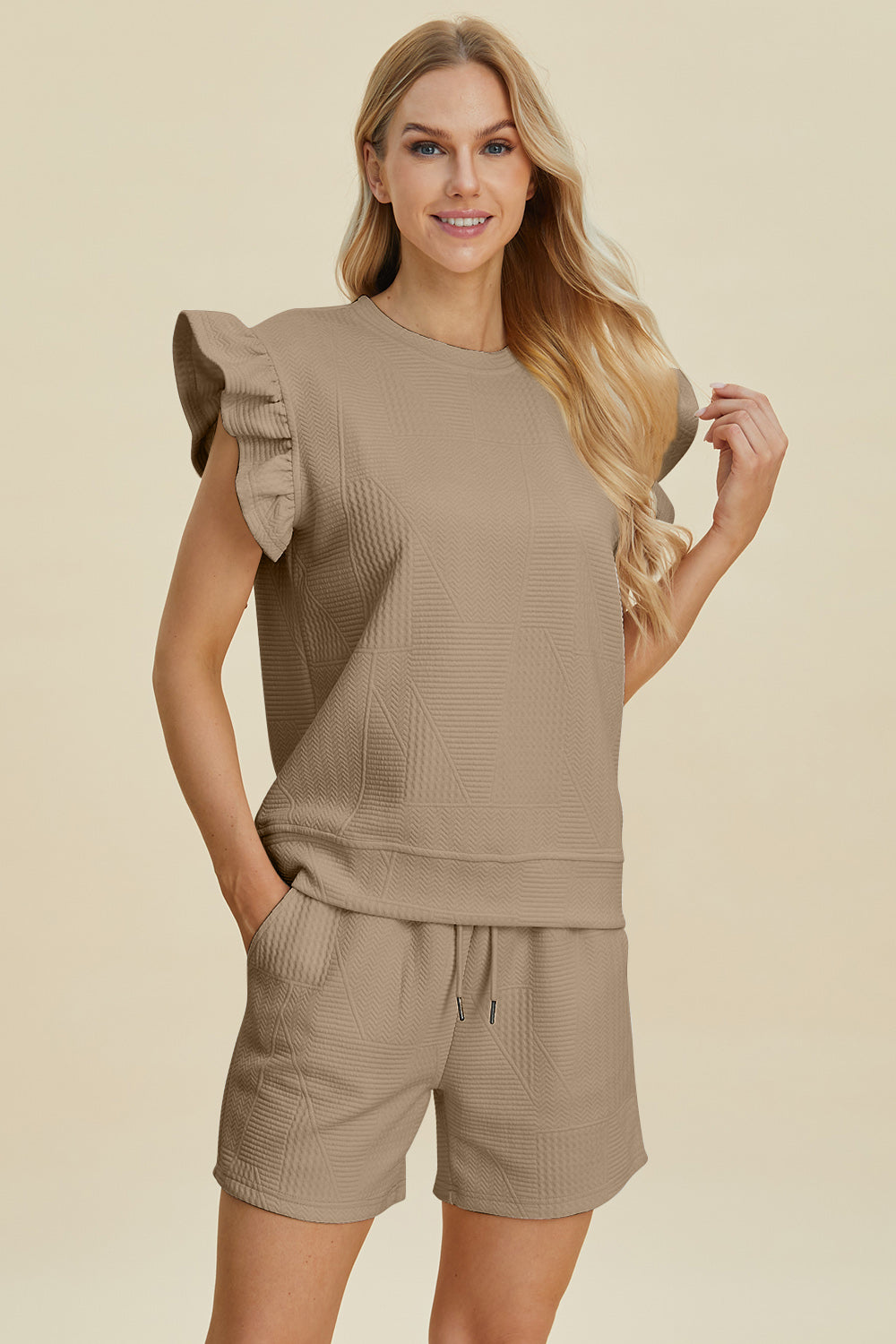 Double Take Geometric Textured Round Neck Ruffle Sleeve Top