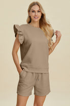 Double Take Geometric Textured Round Neck Ruffle Sleeve Top and Shorts Set Khaki Loungewear