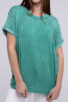 Zenana Ribbed Raglan Dolman Sleeve Boat-Neck Top K GREEN S M ZENANA