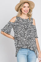 Heimish Leopard Round Neck Cold Shoulder Ruffle Sleeve Blouse