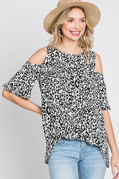 Heimish Leopard Round Neck Cold Shoulder Ruffle Sleeve Blouse