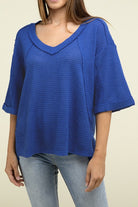 Zenana Brushed Waffle Exposed-Seam 3/4 Sleeve Top LT NAVY ZENANA