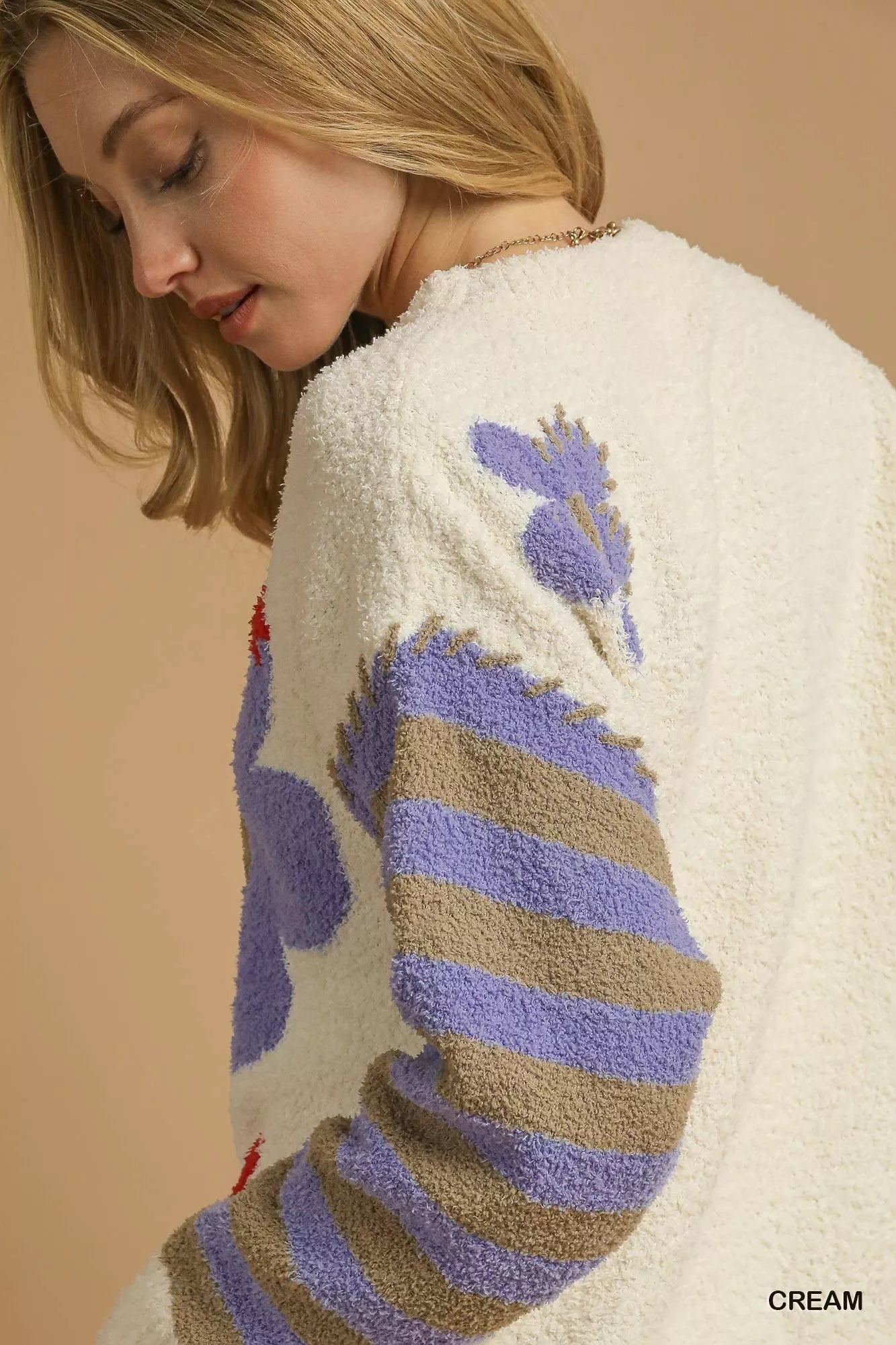 Umgee Cream Flower Jacquard Striped Long Sleeve Sweater