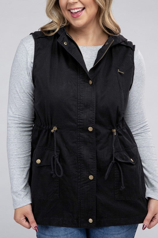 Zenana Plus Drawstring Waist Military Hoodie Vest BLACK ZENANA