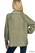 Zenana Ribbed Two Tone Half Zip Sweater in Dark Olive
