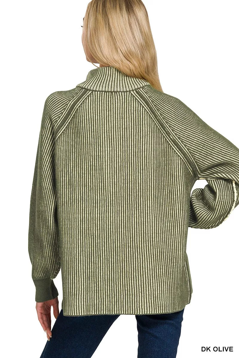 Zenana Ribbed Two Tone Half Zip Sweater in Dark Olive