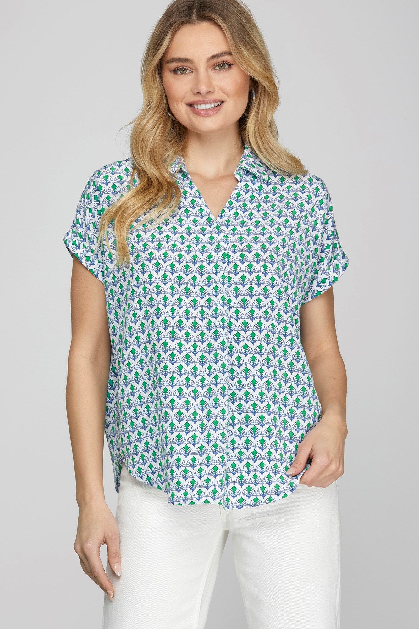 She + Sky Printed Johnny Collar Short Sleeve Blouse Turquoise