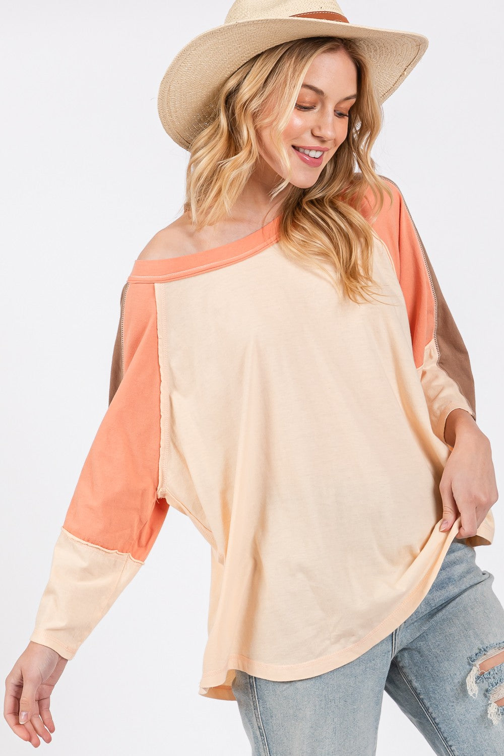 SAGE + FIG Honey Color Block Curved Hem T-Shirt Honey Trendsi