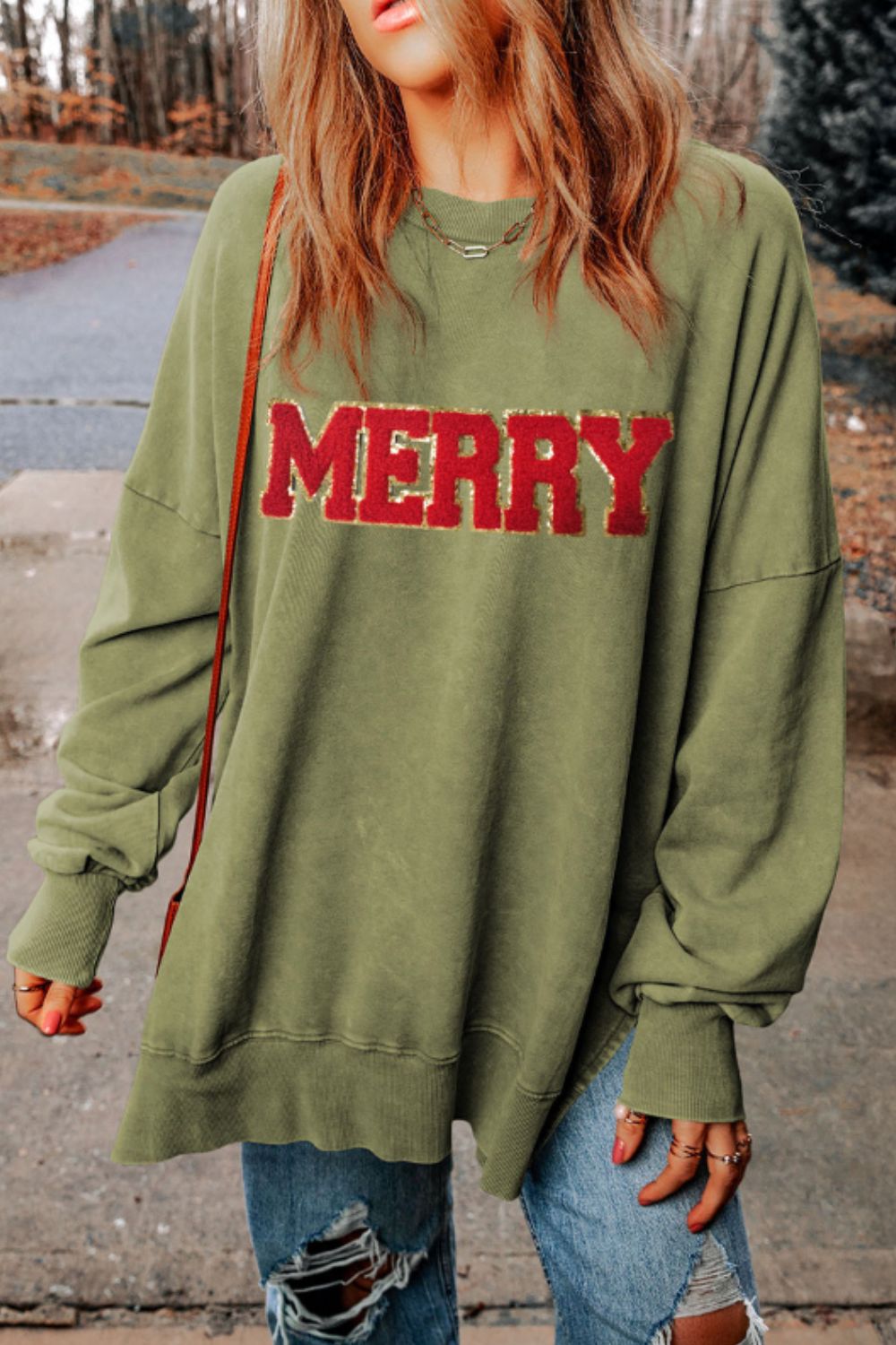 Preorder: MERRY Side Slit Long Sleeve Sweatshirt Trendsi