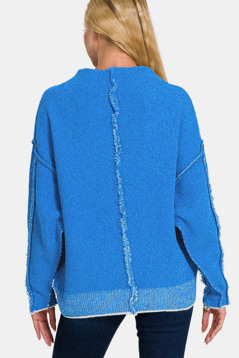 Zenana Ocean Blue Exposed Seam Mock Neck Long Sleeve Sweater Trendsi