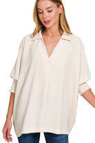 Zenana Sand Beige Airflow Collar Tee with Smocked Sleeve Band Top SAND BEIGE