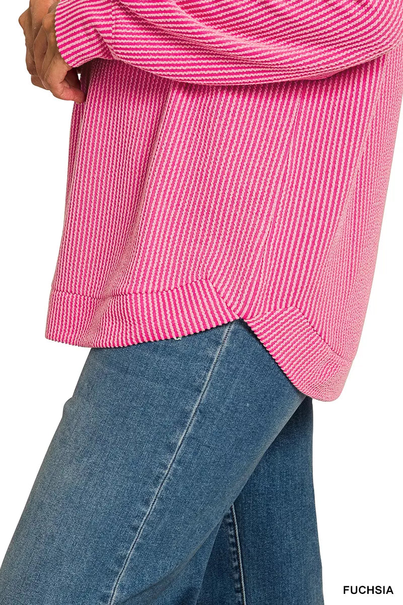 Zenana Dusty Blue Raised Rib Round Neck Long Sleeve Top